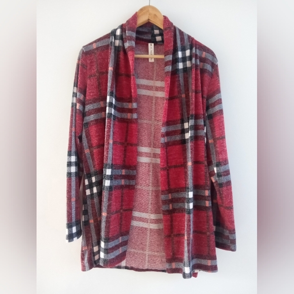 Vanilla Bay Red & Black Plaid Open Front Cardigan - Size M - Picture 6 of 10